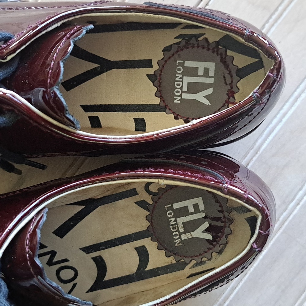 Fly London Oxford Lace Up Burgundy Patent Leather Wedge Comfort Shoes - Picture 3 of 13